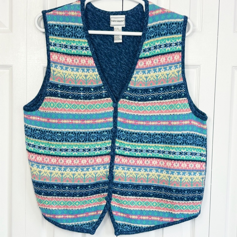 Vintage Napa Valley 1X Colorful Stripe Sequin Beaded Knit Sweater Vest